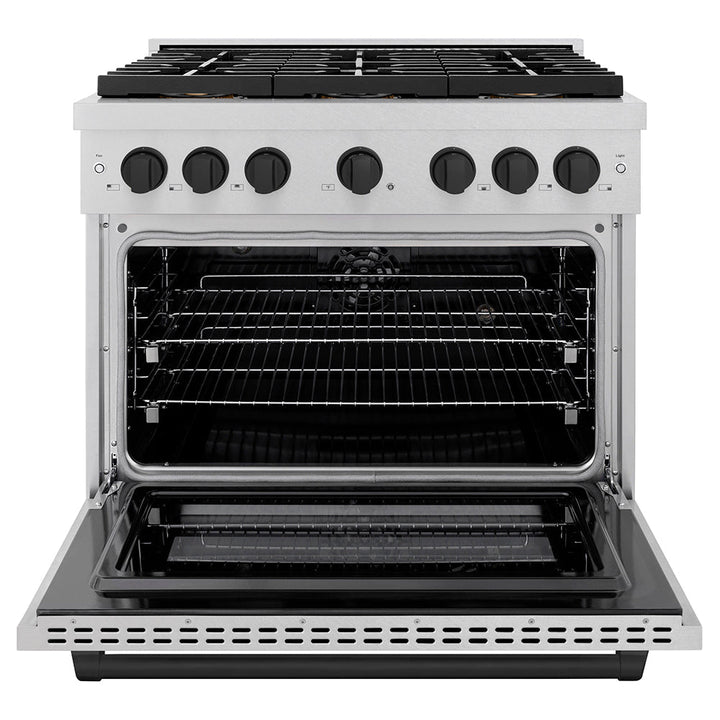 ZLINE Autograph Edition 36 in. 5.2 cu. ft. Paramount Dual Fuel Range with 6 Burner DuoProâ„¢ Cooktop and Electric Convection Oven in Satin Stainless Steel and Matte Black Accents (PSDRSZ-36-MB)