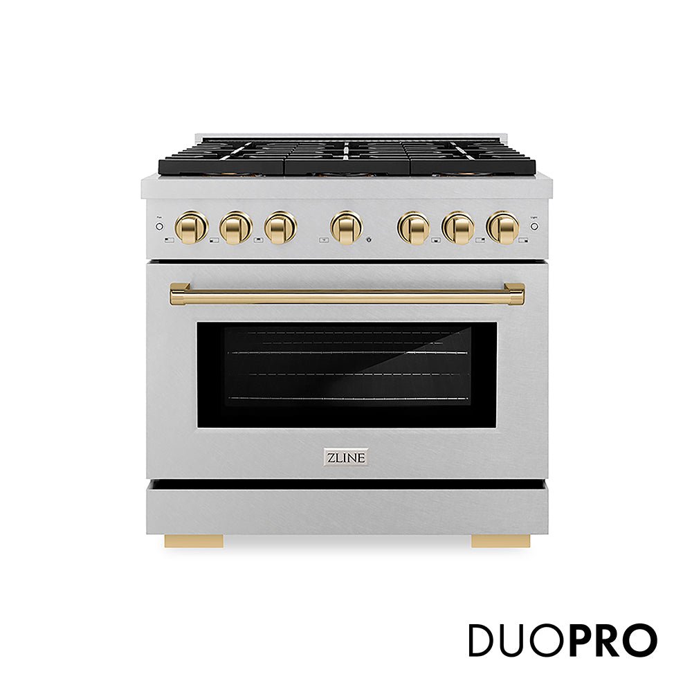 ZLINE Autograph Edition 36 in. 5.2 cu. ft. Paramount Dual Fuel Range with 6 Burner DuoProâ„¢ Cooktop and Electric Convection Oven in Satin Stainless Steel and Polished Gold Accents (PSDRSZ-36-G)