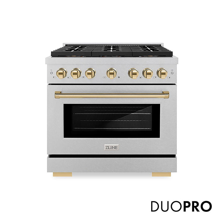 ZLINE Autograph Edition 36 in. 5.2 cu. ft. Paramount Dual Fuel Range with 6 Burner DuoProâ„¢ Cooktop and Electric Convection Oven in Satin Stainless Steel and Polished Gold Accents (PSDRSZ-36-G)