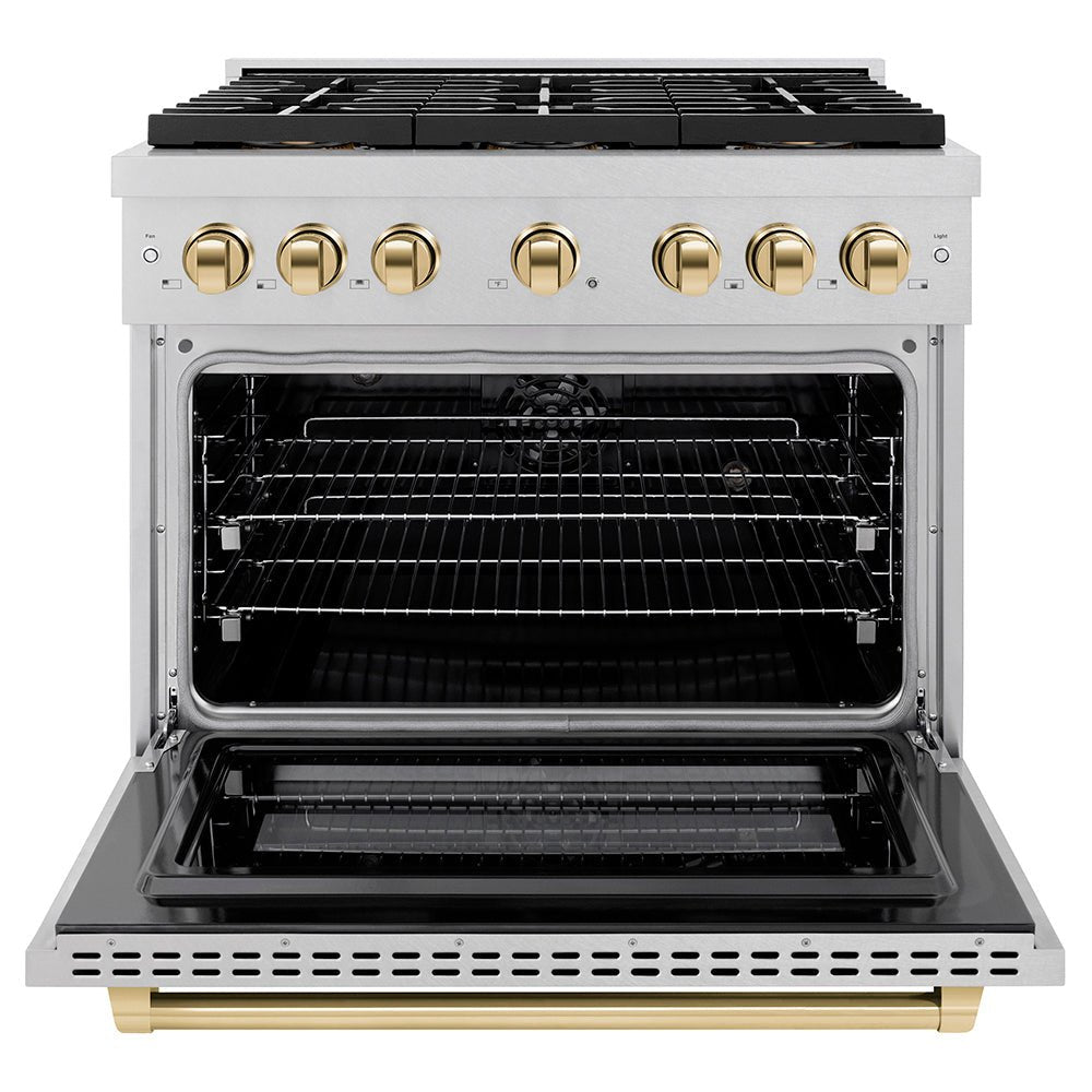 ZLINE Autograph Edition 36 in. 5.2 cu. ft. Paramount Dual Fuel Range with 6 Burner DuoProâ„¢ Cooktop and Electric Convection Oven in Satin Stainless Steel and Polished Gold Accents (PSDRSZ-36-G)
