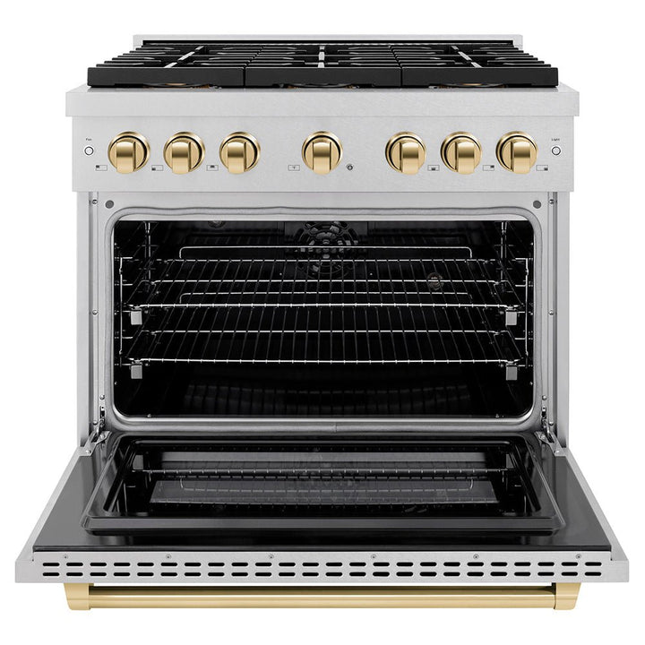 ZLINE Autograph Edition 36 in. 5.2 cu. ft. Paramount Dual Fuel Range with 6 Burner DuoProâ„¢ Cooktop and Electric Convection Oven in Satin Stainless Steel and Polished Gold Accents (PSDRSZ-36-G)