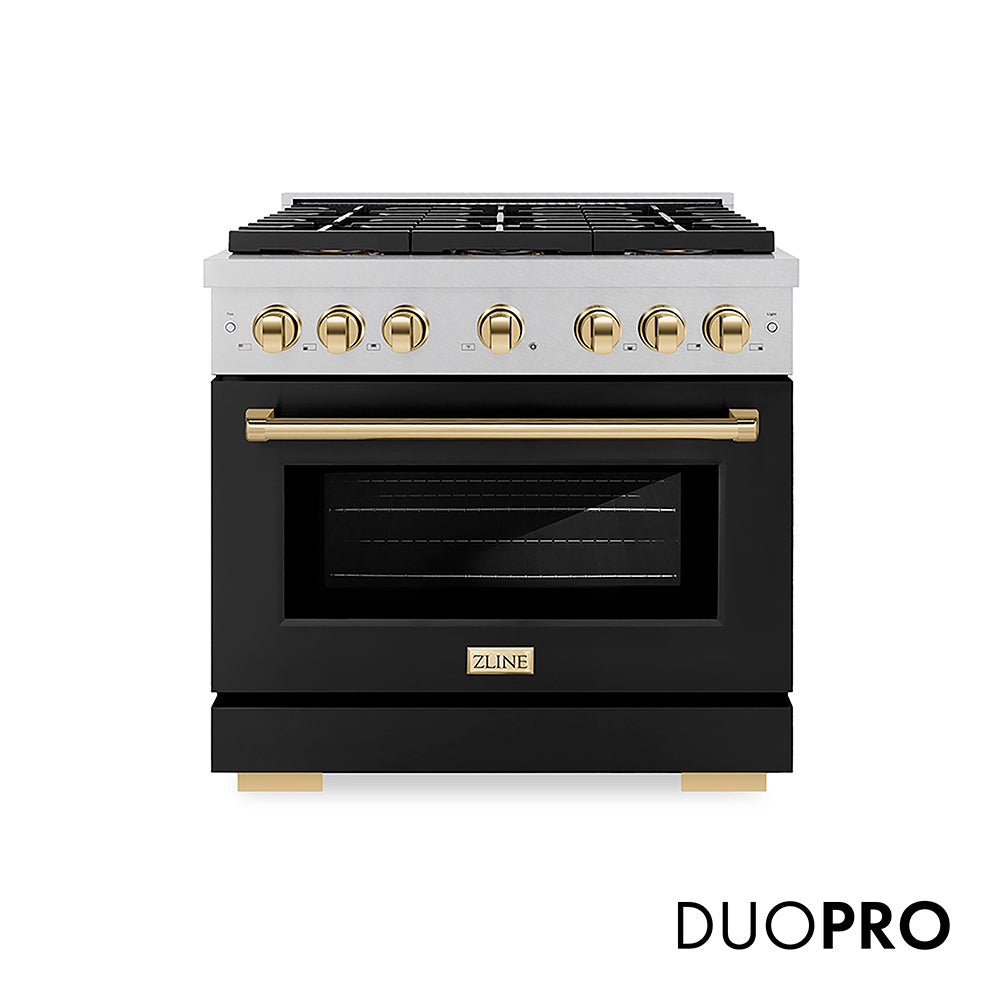 ZLINE Autograph Edition 36 in. 5.2 cu. ft. Paramount Dual Fuel Range with 6 Burner DuoProâ„¢ Cooktop and Electric Convection Oven in Satin Stainless Steel with Black Matte Door and Polished Gold Accents (PSDRSZ-BLM36-G)