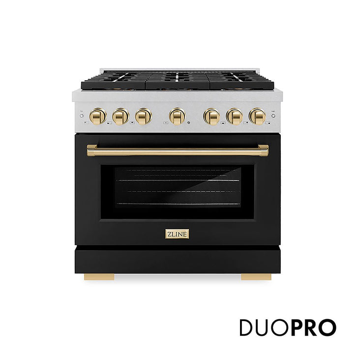 ZLINE Autograph Edition 36 in. 5.2 cu. ft. Paramount Dual Fuel Range with 6 Burner DuoProâ„¢ Cooktop and Electric Convection Oven in Satin Stainless Steel with Black Matte Door and Polished Gold Accents (PSDRSZ-BLM36-G)