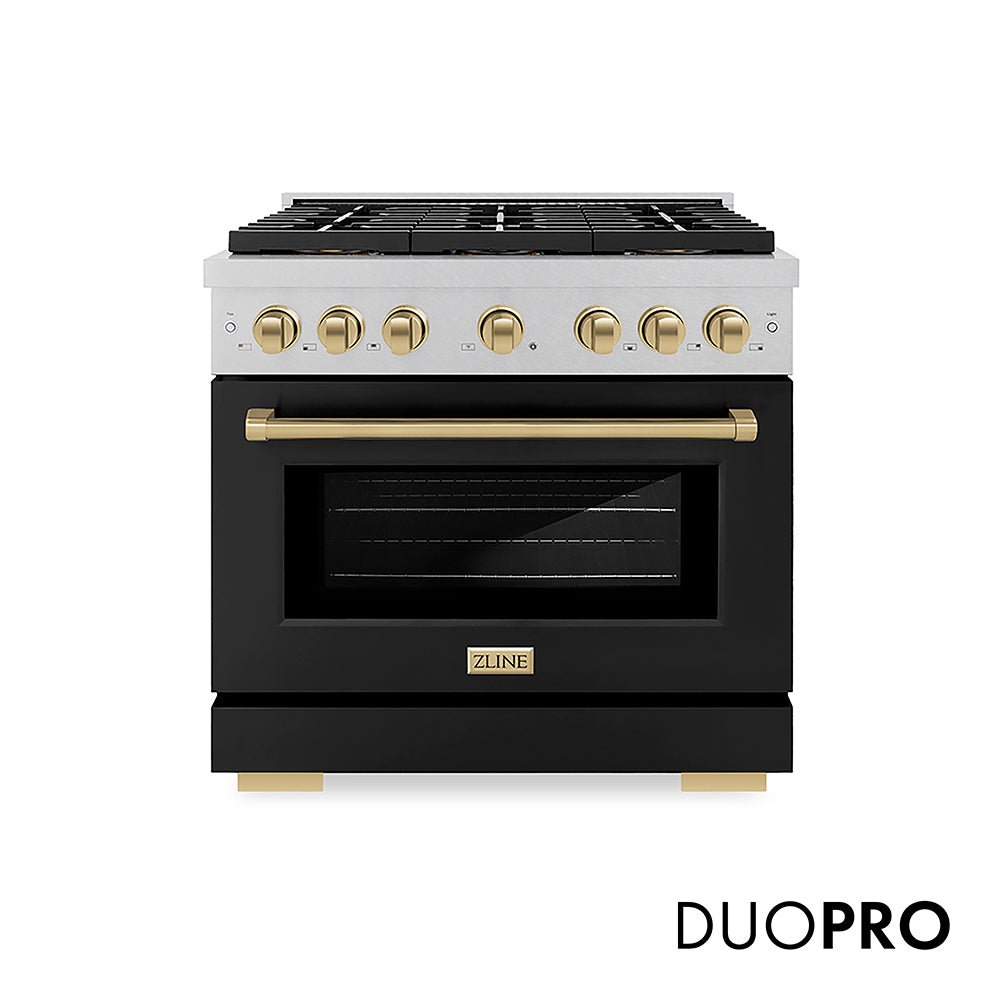 ZLINE Autograph Edition 36 in. 5.2 cu. ft. Paramount Dual Fuel Range with 6 Burner DuoProâ„¢ Cooktop and Electric Convection Oven in Satin Stainless Steel with Black Matte Door and Champagne Bronze Accents (PSDRSZ-BLM36-CB)