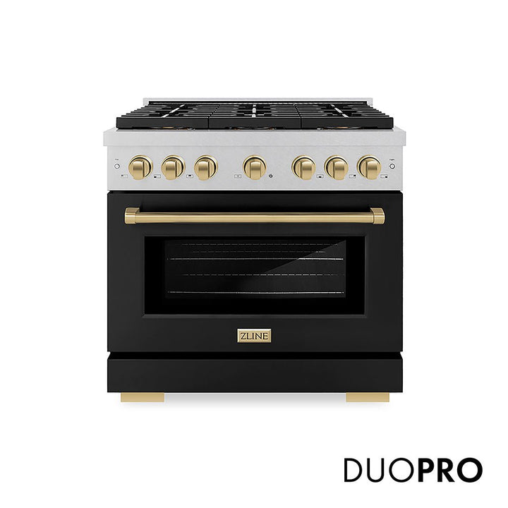ZLINE Autograph Edition 36 in. 5.2 cu. ft. Paramount Dual Fuel Range with 6 Burner DuoProâ„¢ Cooktop and Electric Convection Oven in Satin Stainless Steel with Black Matte Door and Champagne Bronze Accents (PSDRSZ-BLM36-CB)