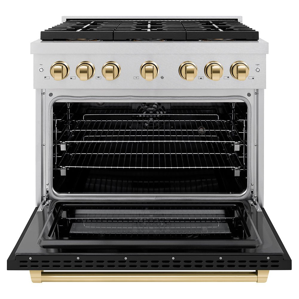 ZLINE Autograph Edition 36 in. 5.2 cu. ft. Paramount Dual Fuel Range with 6 Burner DuoProâ„¢ Cooktop and Electric Convection Oven in Satin Stainless Steel with Black Matte Door and Polished Gold Accents (PSDRSZ-BLM36-G)