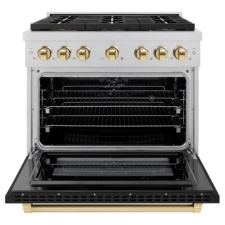 ZLINE Autograph Edition 36 in. 5.2 cu. ft. Paramount Dual Fuel Range with 6 Burner DuoProâ„¢ Cooktop and Electric Convection Oven in Satin Stainless Steel with Black Matte Door and Polished Gold Accents (PSDRSZ-BLM36-G)
