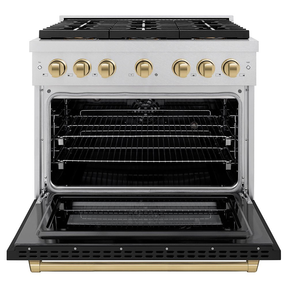 ZLINE Autograph Edition 36 in. 5.2 cu. ft. Paramount Dual Fuel Range with 6 Burner DuoProâ„¢ Cooktop and Electric Convection Oven in Satin Stainless Steel with Black Matte Door and Champagne Bronze Accents (PSDRSZ-BLM36-CB)