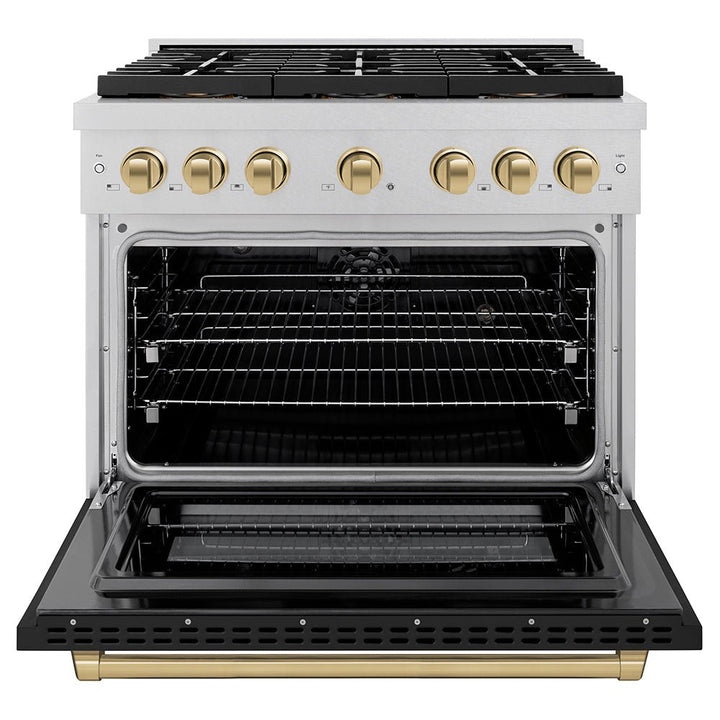 ZLINE Autograph Edition 36 in. 5.2 cu. ft. Paramount Dual Fuel Range with 6 Burner DuoProâ„¢ Cooktop and Electric Convection Oven in Satin Stainless Steel with Black Matte Door and Champagne Bronze Accents (PSDRSZ-BLM36-CB)