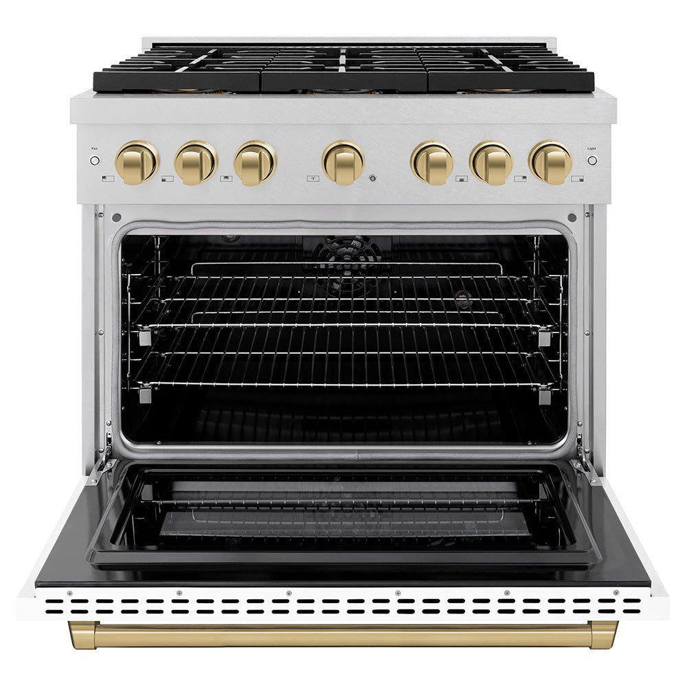 ZLINE Autograph Edition 36 in. 5.2 cu. ft. Paramount Dual Fuel Range with 6 Burner DuoProâ„¢ Cooktop and Electric Convection Oven in Satin Stainless Steel with White Matte Door and Champagne Bronze Accents (PSDRSZ-WM-36-CB)