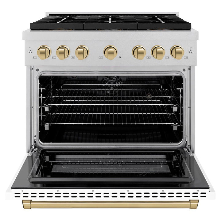 ZLINE Autograph Edition 36 in. 5.2 cu. ft. Paramount Dual Fuel Range with 6 Burner DuoProâ„¢ Cooktop and Electric Convection Oven in Satin Stainless Steel with White Matte Door and Champagne Bronze Accents (PSDRSZ-WM-36-CB)