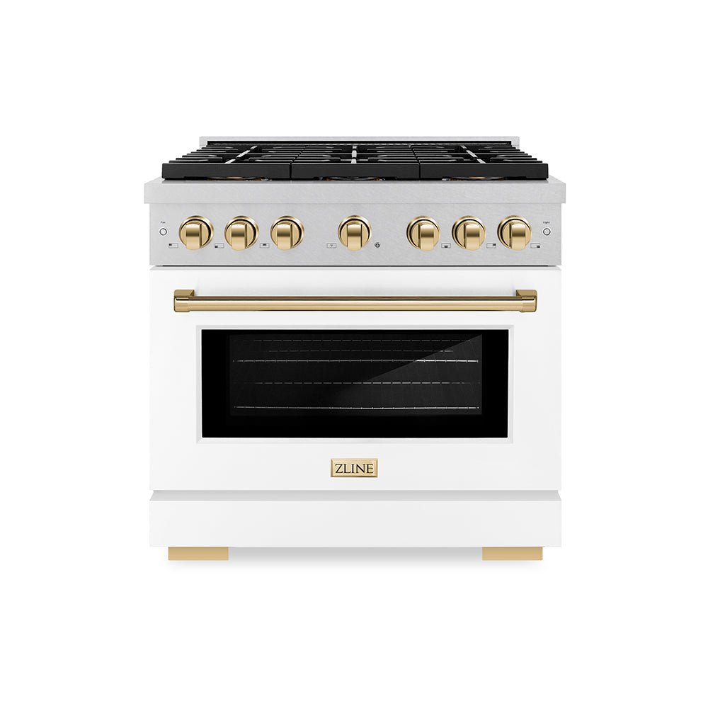 ZLINE Autograph Edition 36 in. 5.2 cu. ft. Paramount Dual Fuel Range with 6 Burner DuoProâ„¢ Cooktop and Electric Convection Oven in Satin Stainless Steel with White Matte Door and Polished Gold Accents (PSDRSZ-WM-36-G)
