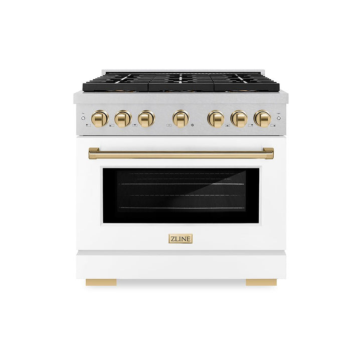 ZLINE Autograph Edition 36 in. 5.2 cu. ft. Paramount Dual Fuel Range with 6 Burner DuoProâ„¢ Cooktop and Electric Convection Oven in Satin Stainless Steel with White Matte Door and Polished Gold Accents (PSDRSZ-WM-36-G)