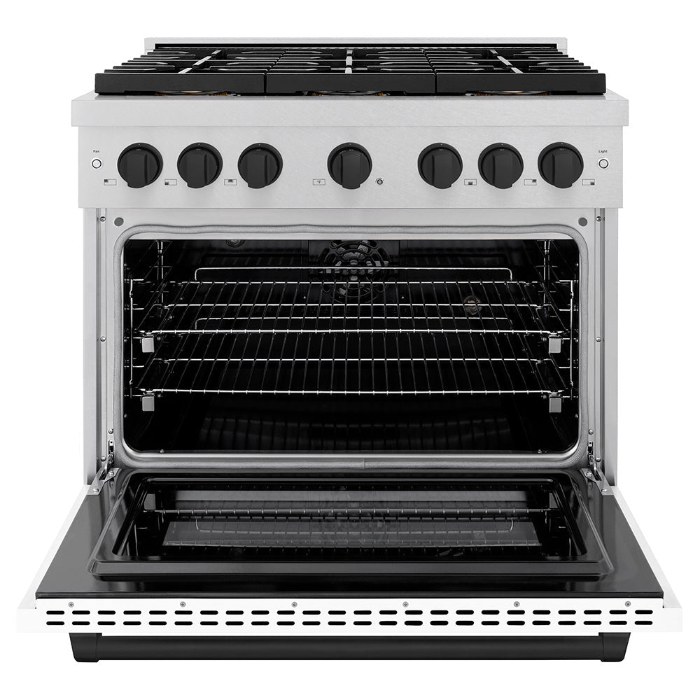 ZLINE Autograph Edition 36 in. 5.2 cu. ft. Paramount Dual Fuel Range with 6 Burner DuoProâ„¢ Cooktop and Electric Convection Oven in Satin Stainless Steel with White Matte Door and Matte Black Accents (PSDRSZ-WM-36-MB)