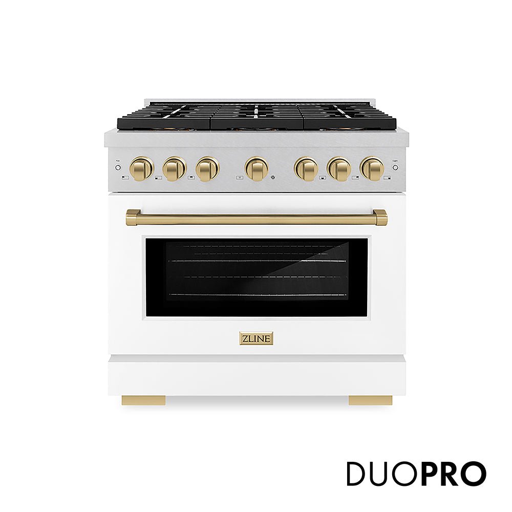 ZLINE Autograph Edition 36 in. 5.2 cu. ft. Paramount Dual Fuel Range with 6 Burner DuoProâ„¢ Cooktop and Electric Convection Oven in Satin Stainless Steel with White Matte Door and Champagne Bronze Accents (PSDRSZ-WM-36-CB)