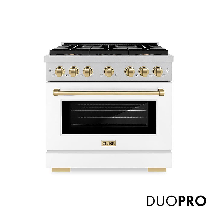 ZLINE Autograph Edition 36 in. 5.2 cu. ft. Paramount Dual Fuel Range with 6 Burner DuoProâ„¢ Cooktop and Electric Convection Oven in Satin Stainless Steel with White Matte Door and Champagne Bronze Accents (PSDRSZ-WM-36-CB)