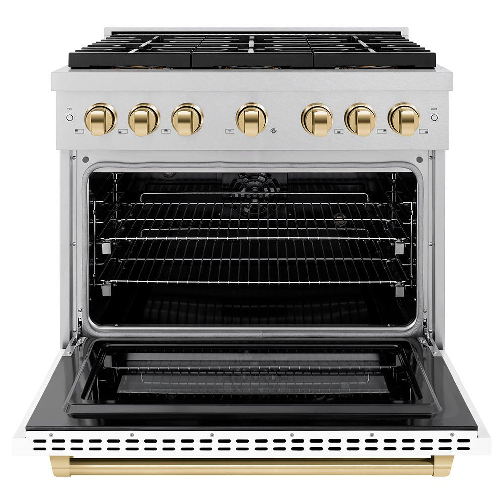 ZLINE Autograph Edition 36 in. 5.2 cu. ft. Paramount Dual Fuel Range with 6 Burner DuoProâ„¢ Cooktop and Electric Convection Oven in Satin Stainless Steel with White Matte Door and Polished Gold Accents (PSDRSZ-WM-36-G)
