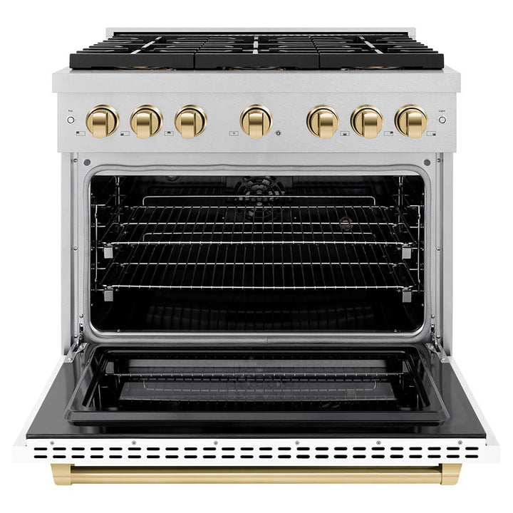 ZLINE Autograph Edition 36 in. 5.2 cu. ft. Paramount Dual Fuel Range with 6 Burner DuoProâ„¢ Cooktop and Electric Convection Oven in Satin Stainless Steel with White Matte Door and Polished Gold Accents (PSDRSZ-WM-36-G)