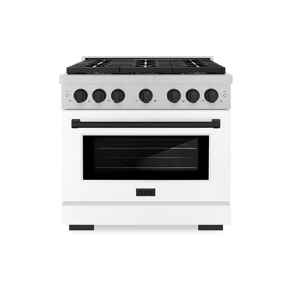 ZLINE Autograph Edition 36 in. 5.2 cu. ft. Paramount Dual Fuel Range with 6 Burner DuoProâ„¢ Cooktop and Electric Convection Oven in Satin Stainless Steel with White Matte Door and Matte Black Accents (PSDRSZ-WM-36-MB)
