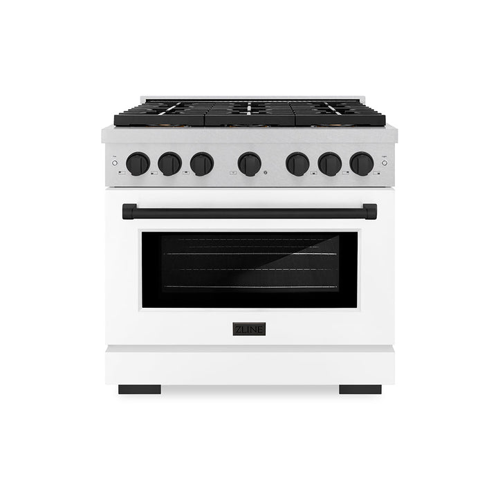 ZLINE Autograph Edition 36 in. 5.2 cu. ft. Paramount Dual Fuel Range with 6 Burner DuoProâ„¢ Cooktop and Electric Convection Oven in Satin Stainless Steel with White Matte Door and Matte Black Accents (PSDRSZ-WM-36-MB)