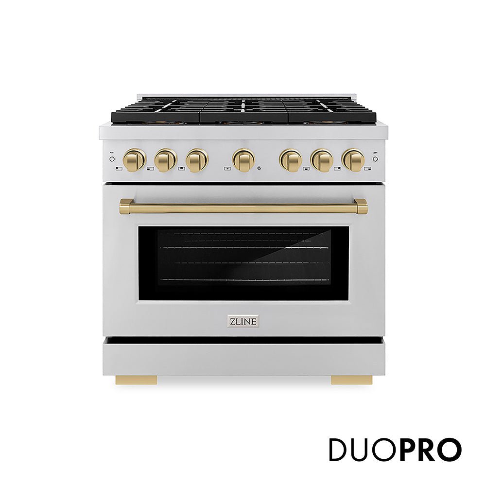 ZLINE Autograph Edition 36 in. 5.2 cu. ft. Paramount Dual Fuel Range with 6 Burner DuoProâ„¢ Cooktop and Electric Convection Oven in Stainless Steel and Champagne Bronze Accents (PSDRZ-36-CB)