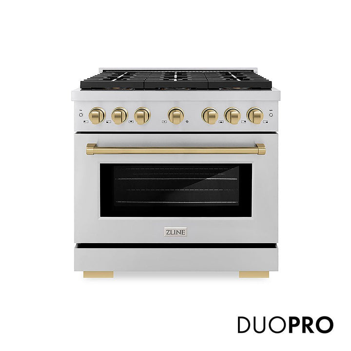 ZLINE Autograph Edition 36 in. 5.2 cu. ft. Paramount Dual Fuel Range with 6 Burner DuoProâ„¢ Cooktop and Electric Convection Oven in Stainless Steel and Champagne Bronze Accents (PSDRZ-36-CB)