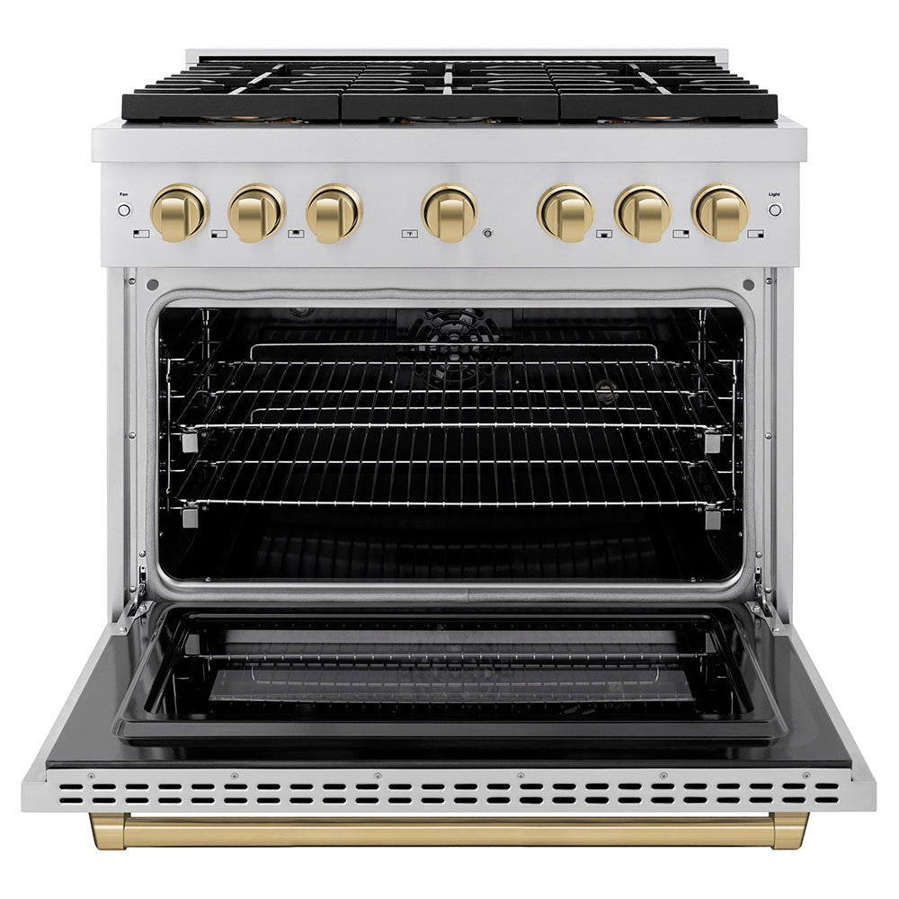 ZLINE Autograph Edition 36 in. 5.2 cu. ft. Paramount Dual Fuel Range with 6 Burner DuoProâ„¢ Cooktop and Electric Convection Oven in Stainless Steel and Champagne Bronze Accents (PSDRZ-36-CB)