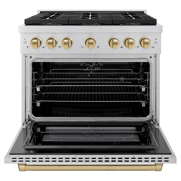 ZLINE Autograph Edition 36 in. 5.2 cu. ft. Paramount Dual Fuel Range with 6 Burner DuoProâ„¢ Cooktop and Electric Convection Oven in Stainless Steel and Champagne Bronze Accents (PSDRZ-36-CB)