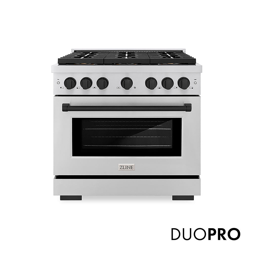 ZLINE Autograph Edition 36 in. 5.2 cu. ft. Paramount Dual Fuel Range with 6 Burner DuoProâ„¢ Cooktop and Electric Convection Oven in Stainless Steel and Matte Black Accents (PSDRZ-36-MB)