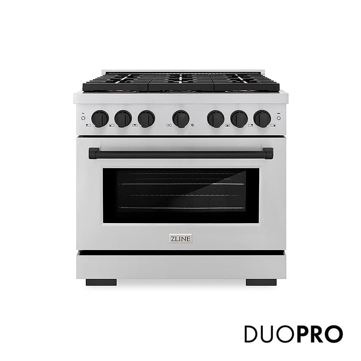 ZLINE Autograph Edition 36 in. 5.2 cu. ft. Paramount Dual Fuel Range with 6 Burner DuoProâ„¢ Cooktop and Electric Convection Oven in Stainless Steel and Matte Black Accents (PSDRZ-36-MB)