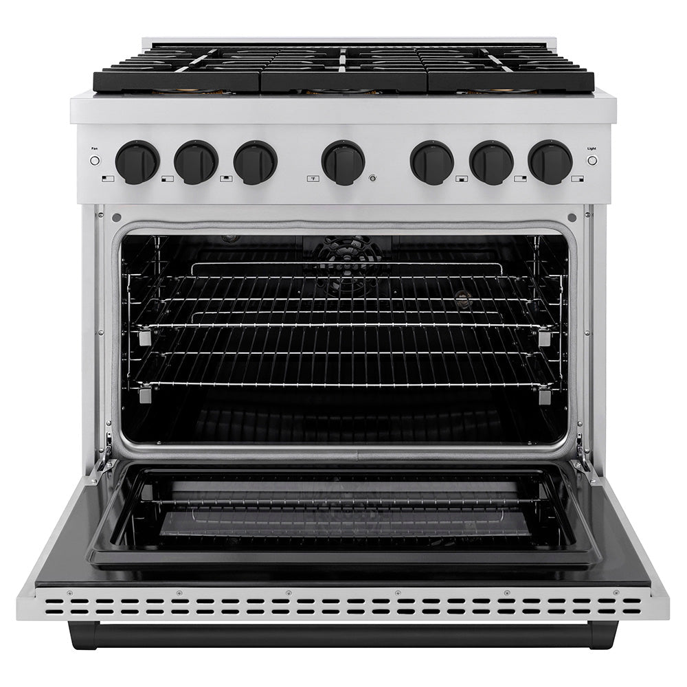 ZLINE Autograph Edition 36 in. 5.2 cu. ft. Paramount Dual Fuel Range with 6 Burner DuoProâ„¢ Cooktop and Electric Convection Oven in Stainless Steel and Matte Black Accents (PSDRZ-36-MB)