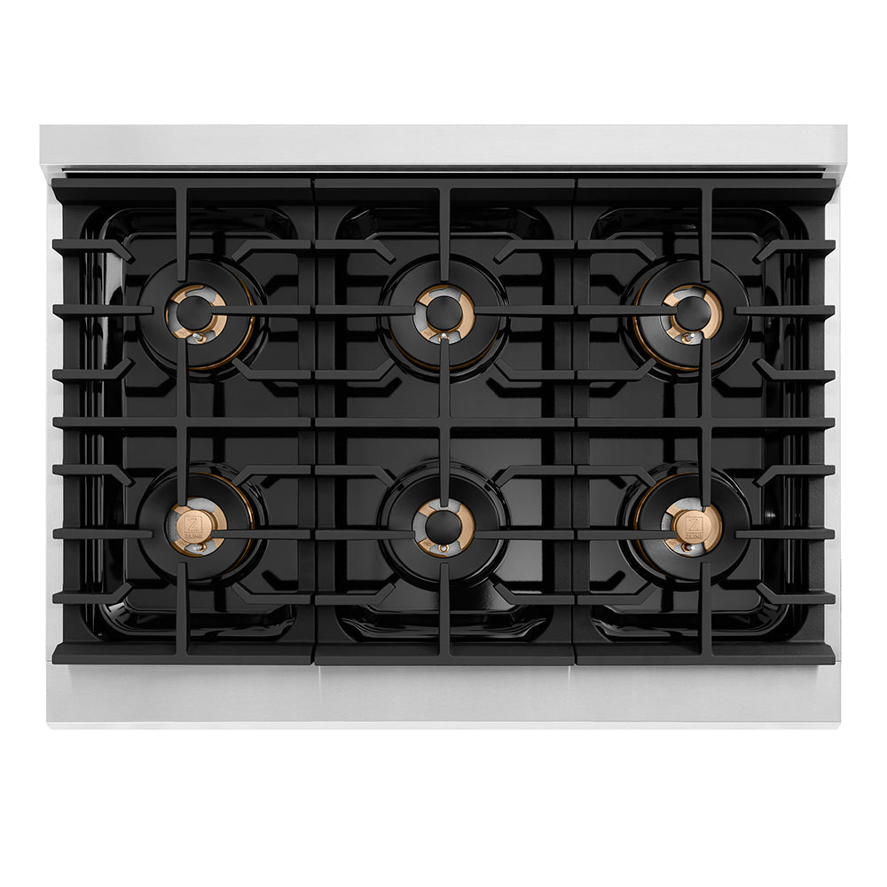 ZLINE Autograph Edition 36 in. 5.2 cu. ft. Paramount Dual Fuel Range with 6 Burner DuoProâ„¢ Cooktop and Electric Convection Oven in Stainless Steel and Polished Gold Accents (PSDRZ-36-G)