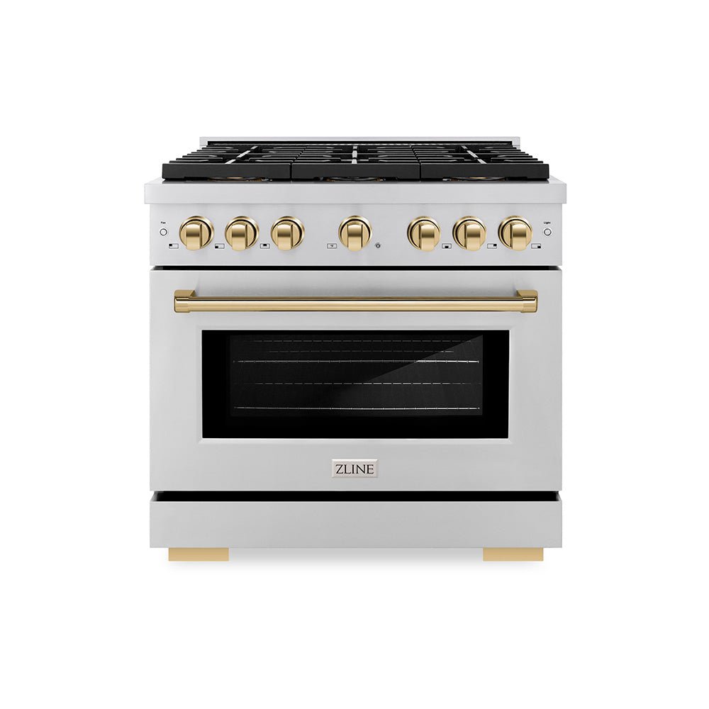 ZLINE Autograph Edition 36 in. 5.2 cu. ft. Paramount Dual Fuel Range with 6 Burner DuoProâ„¢ Cooktop and Electric Convection Oven in Stainless Steel and Polished Gold Accents (PSDRZ-36-G)