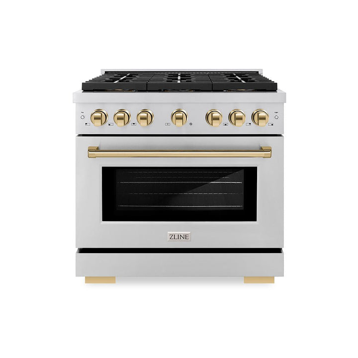 ZLINE Autograph Edition 36 in. 5.2 cu. ft. Paramount Dual Fuel Range with 6 Burner DuoProâ„¢ Cooktop and Electric Convection Oven in Stainless Steel and Polished Gold Accents (PSDRZ-36-G)