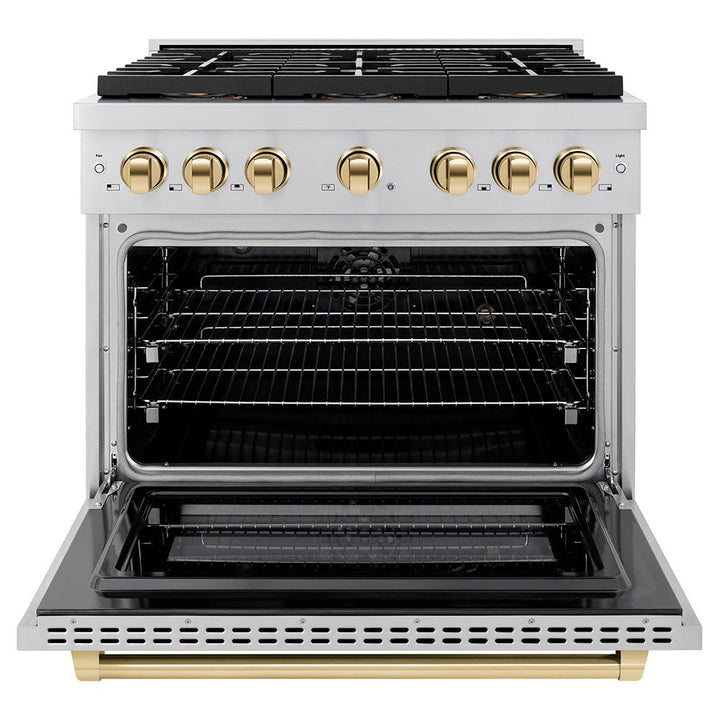 ZLINE Autograph Edition 36 in. 5.2 cu. ft. Paramount Dual Fuel Range with 6 Burner DuoProâ„¢ Cooktop and Electric Convection Oven in Stainless Steel and Polished Gold Accents (PSDRZ-36-G)