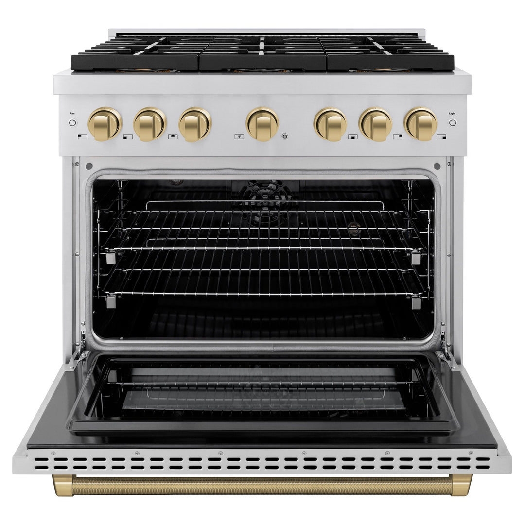 ZLINE Autograph Edition 36 in. 5.2 cu. ft. Paramount Dual Fuel Range with 6 Burner DuoProâ„¢ Cooktop and Electric Convection Oven in Stainless Steel with Champagne Bronze Helix Handle and Accents (PSDRZ-36-KCB)