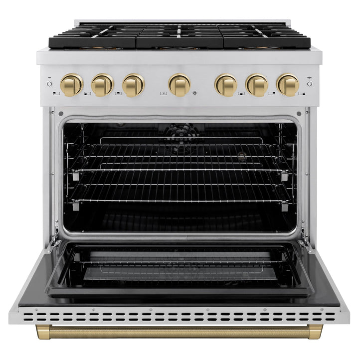 ZLINE Autograph Edition 36 in. 5.2 cu. ft. Paramount Dual Fuel Range with 6 Burner DuoProâ„¢ Cooktop and Electric Convection Oven in Stainless Steel with Champagne Bronze Helix Handle and Accents (PSDRZ-36-KCB)