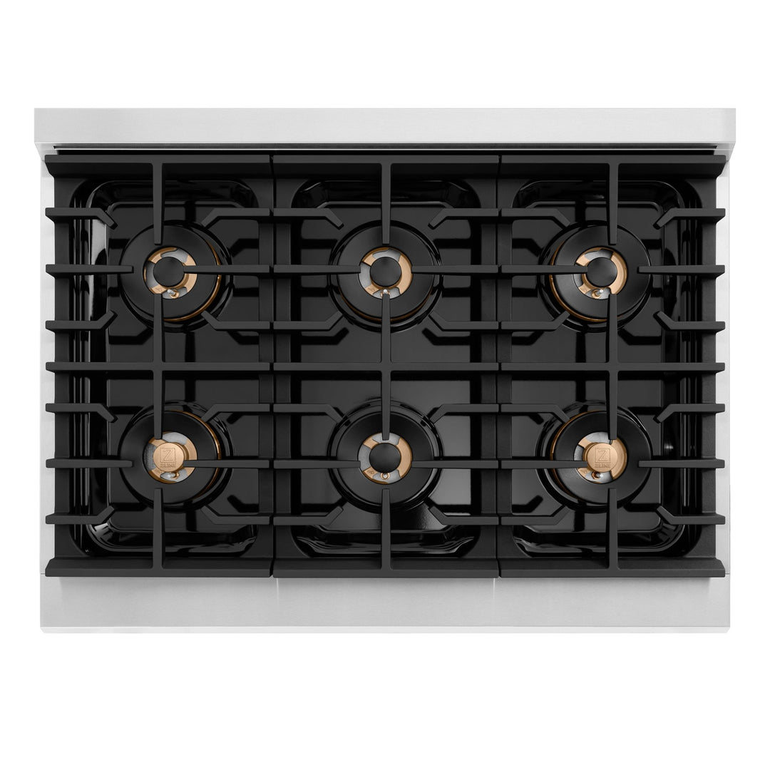 ZLINE Autograph Edition 36 in. 5.2 cu. ft. Paramount Dual Fuel Range with 6 Burner DuoProâ„¢ Cooktop and Electric Convection Oven in Stainless Steel with Champagne Bronze Helix Handle and Accents (PSDRZ-36-KCB)