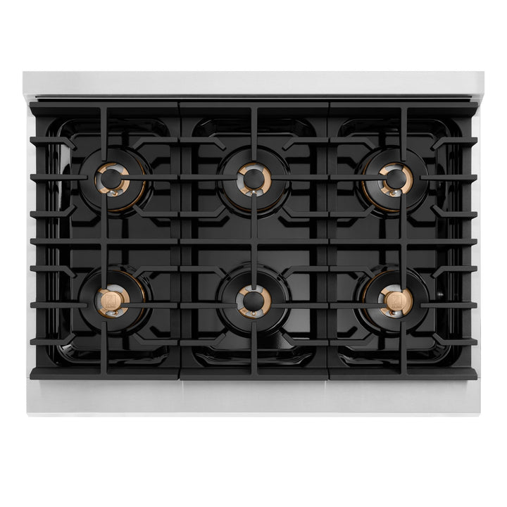 ZLINE Autograph Edition 36 in. 5.2 cu. ft. Paramount Dual Fuel Range with 6 Burner DuoProâ„¢ Cooktop and Electric Convection Oven in Stainless Steel with Champagne Bronze Helix Handle and Accents (PSDRZ-36-KCB)