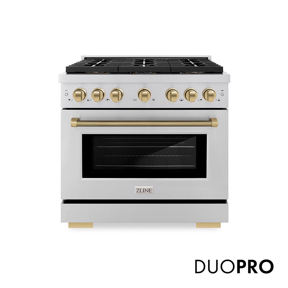 ZLINE Autograph Edition 36 in. 5.2 cu. ft. Paramount Dual Fuel Range with 6 Burner DuoProâ„¢ Cooktop and Electric Convection Oven in Stainless Steel with Champagne Bronze Helix Handle and Accents (PSDRZ-36-KCB)