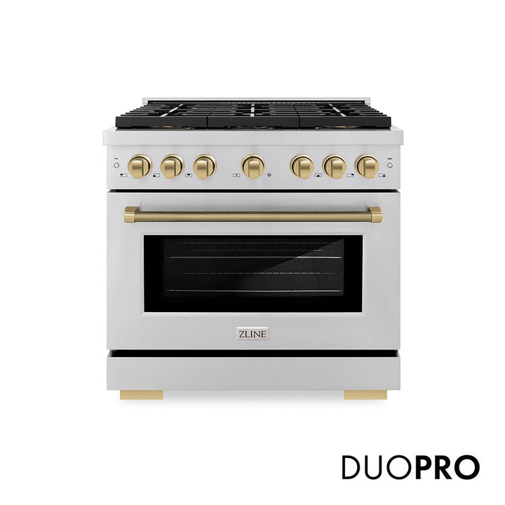 ZLINE Autograph Edition 36 in. 5.2 cu. ft. Paramount Dual Fuel Range with 6 Burner DuoProâ„¢ Cooktop and Electric Convection Oven in Stainless Steel with Champagne Bronze Helix Handle and Accents (PSDRZ-36-KCB)