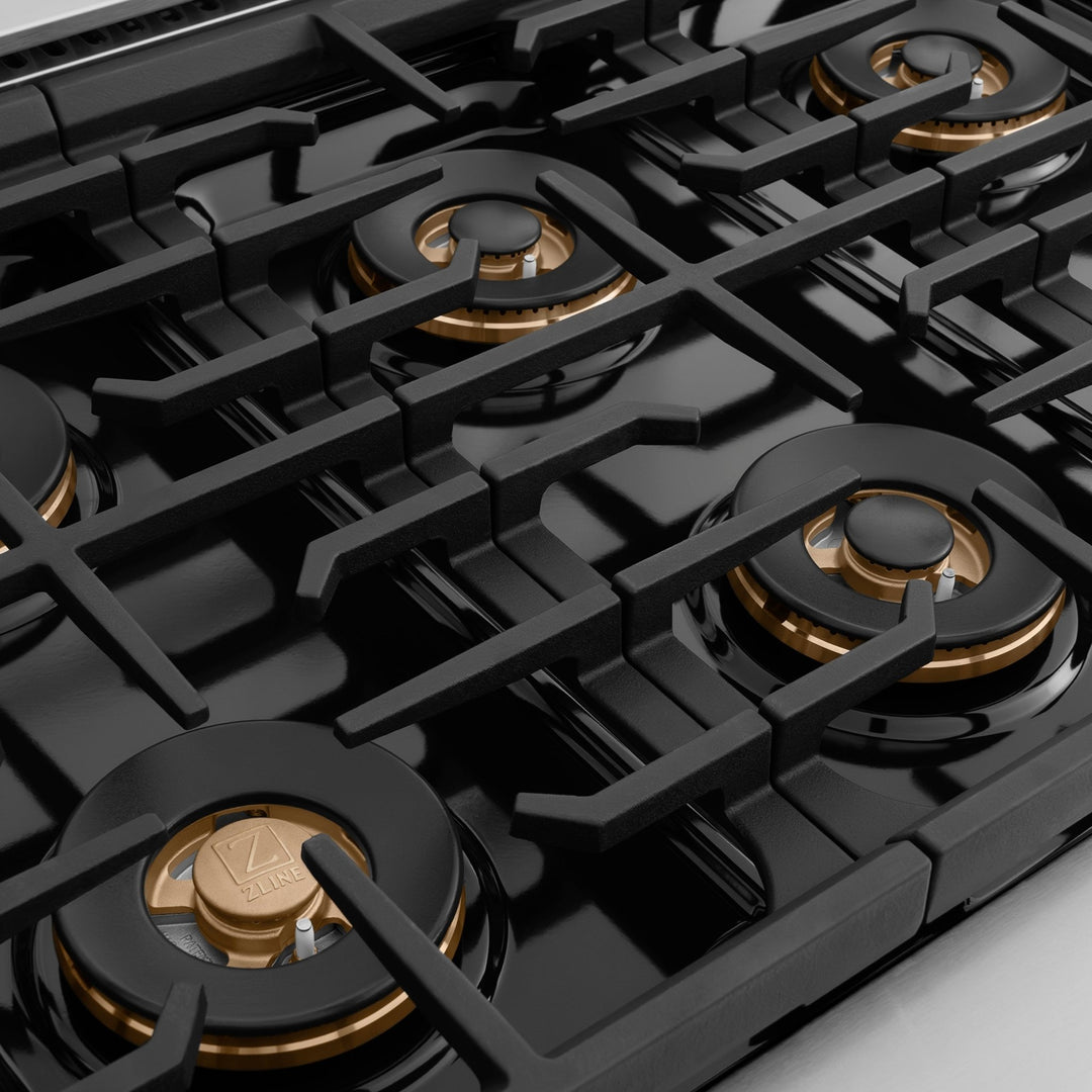 ZLINE Autograph Edition 36 in. 5.2 cu. ft. Paramount Dual Fuel Range with 6 Burner DuoProâ„¢ Cooktop and Electric Convection Oven in Stainless Steel with Champagne Bronze Helix Handle and Accents (PSDRZ-36-KCB)
