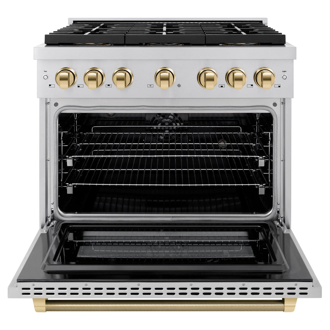 ZLINE Autograph Edition 36 in. 5.2 cu. ft. Paramount Dual Fuel Range with 6 Burner DuoProâ„¢ Cooktop and Electric Convection Oven in Stainless Steel with Polished Gold Helix Handle and Accents (PSDRZ-36-KG)