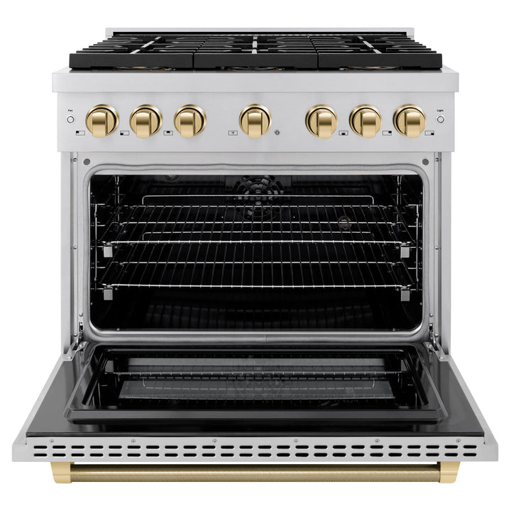 ZLINE Autograph Edition 36 in. 5.2 cu. ft. Paramount Dual Fuel Range with 6 Burner DuoProâ„¢ Cooktop and Electric Convection Oven in Stainless Steel with Polished Gold Helix Handle and Accents (PSDRZ-36-KG)