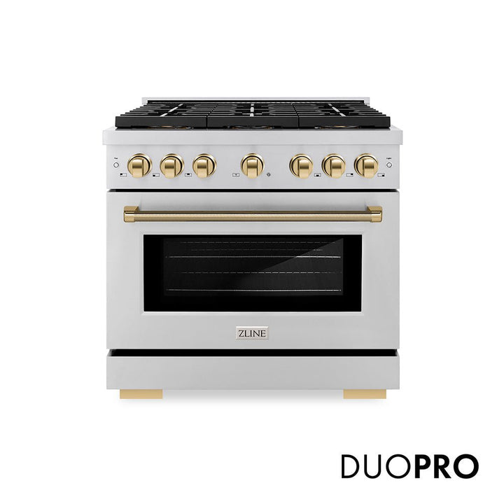 ZLINE Autograph Edition 36 in. 5.2 cu. ft. Paramount Dual Fuel Range with 6 Burner DuoProâ„¢ Cooktop and Electric Convection Oven in Stainless Steel with Polished Gold Helix Handle and Accents (PSDRZ-36-KG)