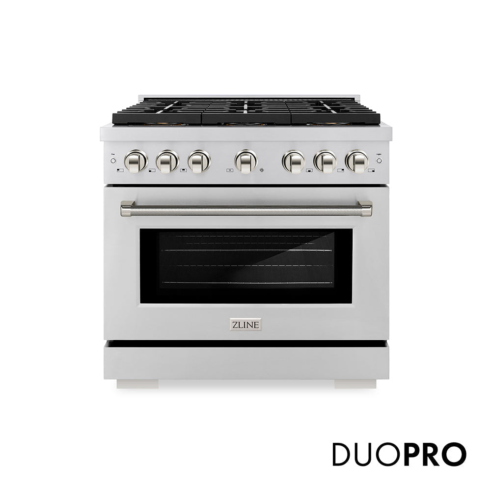ZLINE Autograph Edition 36 in. 5.2 cu. ft. Paramount Dual Fuel Range with 6 Burner DuoProâ„¢ Cooktop and Electric Convection Oven in Stainless Steel with Polished Nickel Helix Handle and Accents (PSDRZ-36-KPN)