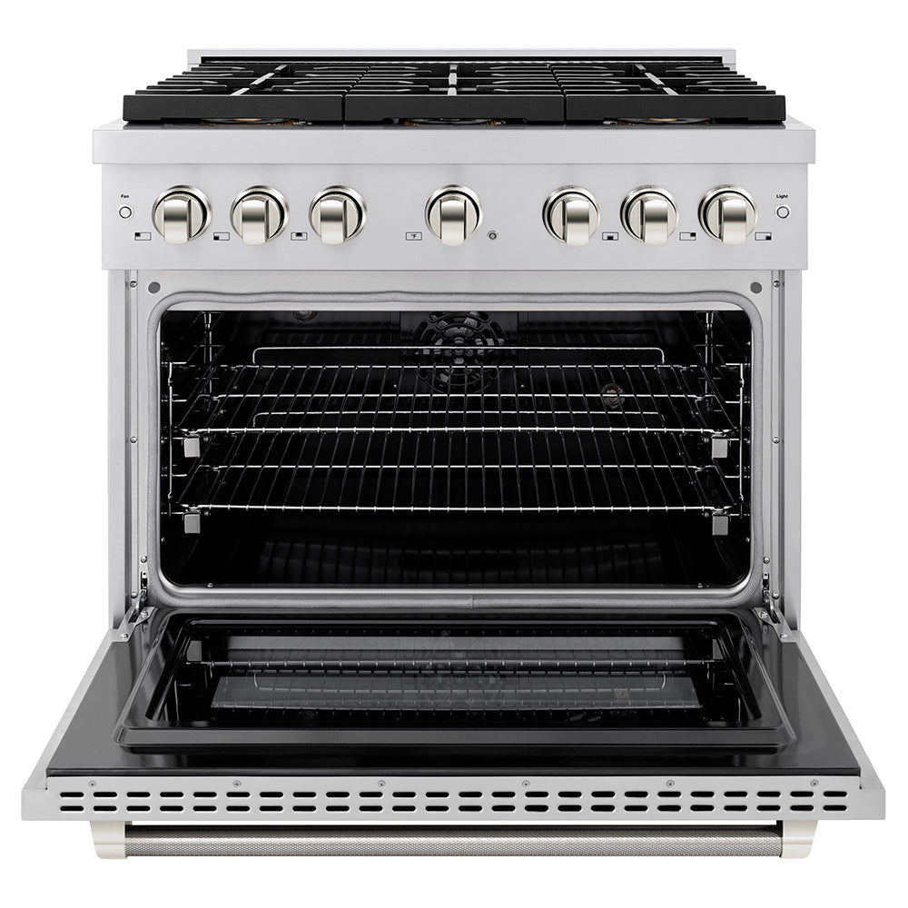 ZLINE Autograph Edition 36 in. 5.2 cu. ft. Paramount Dual Fuel Range with 6 Burner DuoProâ„¢ Cooktop and Electric Convection Oven in Stainless Steel with Polished Nickel Helix Handle and Accents (PSDRZ-36-KPN)