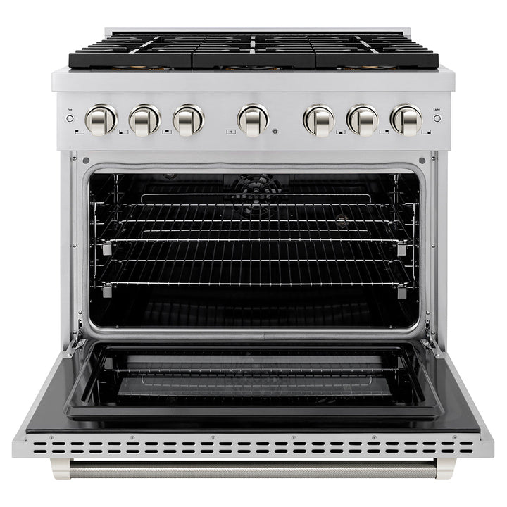 ZLINE Autograph Edition 36 in. 5.2 cu. ft. Paramount Dual Fuel Range with 6 Burner DuoProâ„¢ Cooktop and Electric Convection Oven in Stainless Steel with Polished Nickel Helix Handle and Accents (PSDRZ-36-KPN)