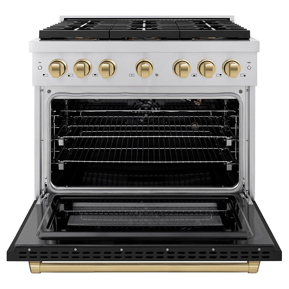 ZLINE Autograph Edition 36 in. 5.2 cu. ft. Paramount Dual Fuel Range with 6 Burner DuoProâ„¢ Cooktop and Electric Convection Oven with Black Matte Door and Champagne Bronze Accents (PSDRZ-BLM-36-CB)
