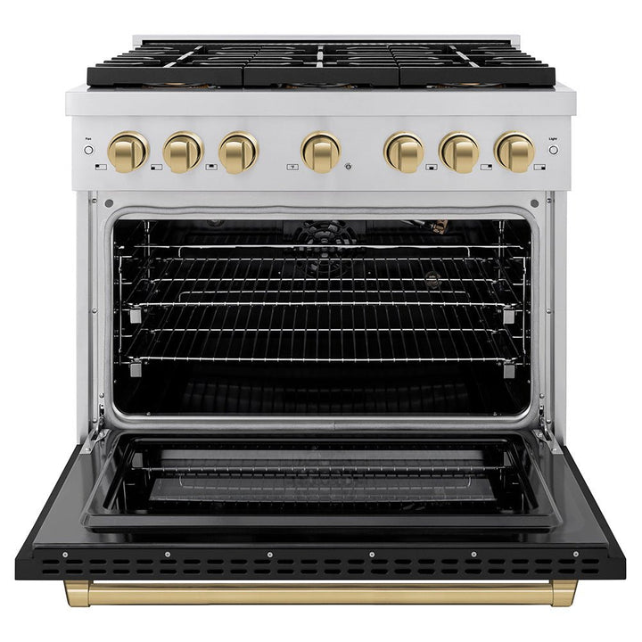 ZLINE Autograph Edition 36 in. 5.2 cu. ft. Paramount Dual Fuel Range with 6 Burner DuoProâ„¢ Cooktop and Electric Convection Oven with Black Matte Door and Champagne Bronze Accents (PSDRZ-BLM-36-CB)